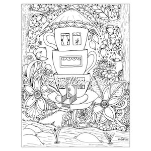instant digital download - adult coloring page - teacup houses