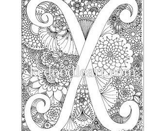 instant digital download, letter X, adult coloring page