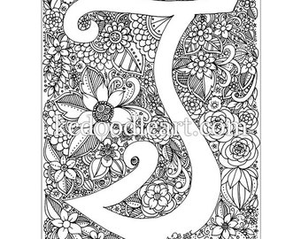 instant digital download - adult coloring page - letter T