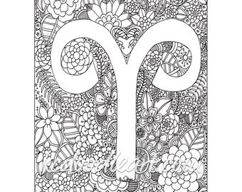 instant digital download - adult coloring page - astro sign aries