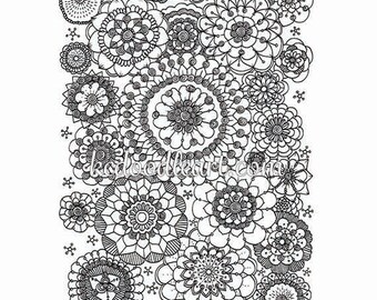 black and white instant digital download - mandala - flower shapes - adult coloring page