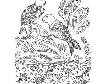 instant digital download coloring page for adults - sea creatures