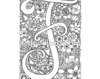 instant digital download - adult coloring page - letter F with flower designs