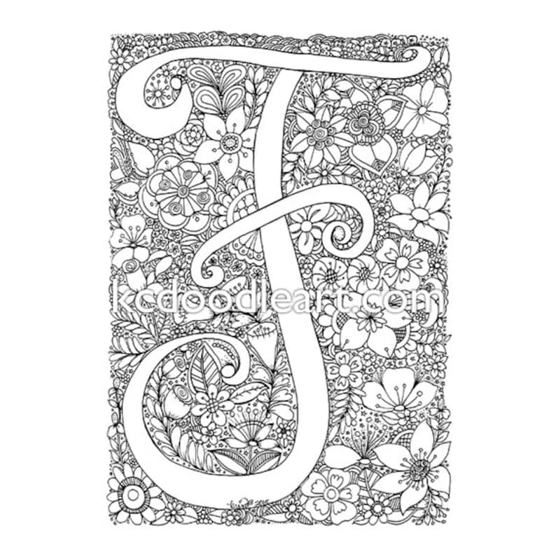 Instant digital download adult coloring page letter F with Etsy