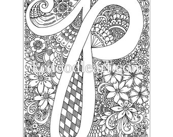 instant digital download, adult coloring page, letter P