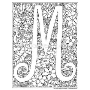 instant digital download, adult coloring page, letter M