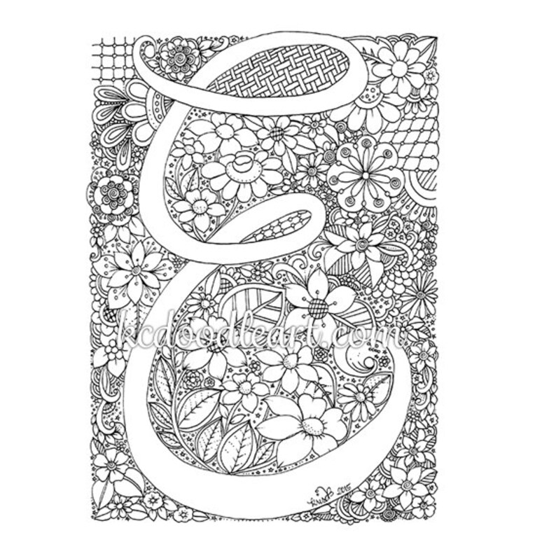 Instant digital download adult coloring page letter E | Etsy