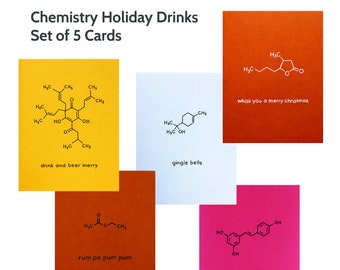 Holiday Drinks Chemistry Christmas Card Set of 5 - Science Puns Scientist Teacher Tutor Nerd Engineer Bar Rum Wine Gin Beer Whisky Whiskey