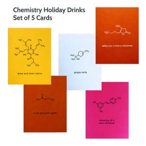 Boissons de vacances Chimie Carte de Noël Ensemble de 5 - Science Puns Scientifique Professeur Tutor Nerd Engineer Bar Rum Vin Gin Beer Whisky Whiskey