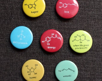 Chemistry Button Badges - Nerd button - Science button - Geek badge (1.5 inch diameter) - happy love coffee dream wine chocolate alcohol