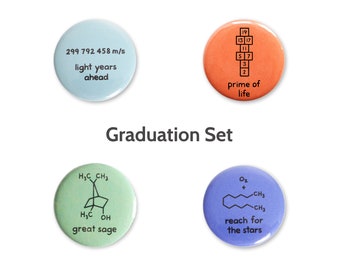 Math Science Graduation Button Badges (1.5 in) Set of 4 | Nerd Pin Physics Chemistry Geek Teacher Biology Biochemistry Prime Number Sage