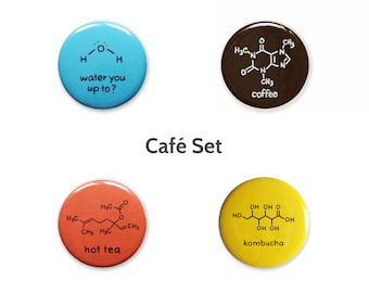 Coffee Cafe Chemistry Buttons (1.5 in) Set of 4 | Kombucha Tea Water Drinks Foodie Science Nutrition Nerd Badge Pin Geek Badge Teacher Booch