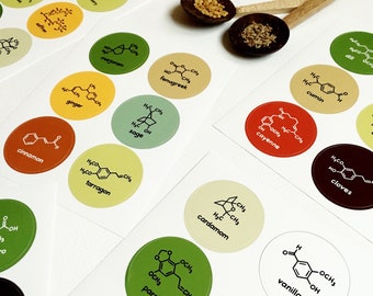 Chimie Spice Labels Jar Autocollants | Science de l’alimentation Herbes Épices | 36 autocollants étanches | Nerd Geek Chef Cuisinier Maison Décor Professeur