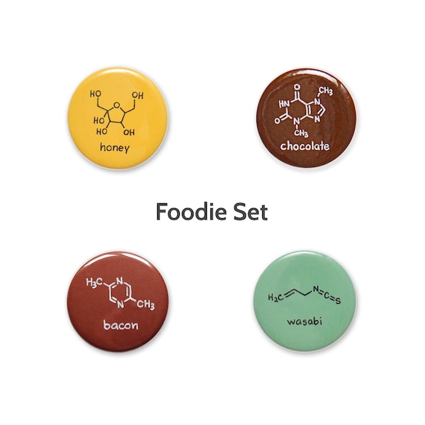 Foodie Food Science Buttons (1.5 in) Set of 4 | Chemistry Nutrition Nerd Badges Pin Geek badge Honey Wasabi Bacon Chocolate Cook Baker Chef