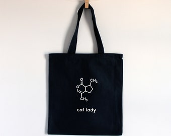 Cat Lady Science Tote Bag Chemistry Molecule Nerd Grocery Bag / Book Bag / Beach Bag / Reusable Cotton Bag / Geek Gift Bag