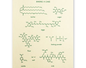 Baking A Cake Print 8x10 inches | Food Science Chemistry Molecule Poster | Foodie Chef Cook Baker Bakery Teacher Gift Nerd Geek Wall Decor