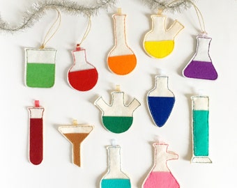 Science Lab Glassware Felt Tags | Chemistry Advent Calendar Ornaments |Beaker Flask Tree Ornament Holiday | Biochemistry Biology Laboratory