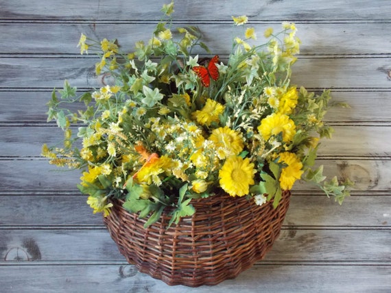 Door Wreath, Vintage Basket, Daisies, Asters, Colorful Flowers, Wall Wreath, Yellow, Summer, Wicker, Basket, One Of A Kind