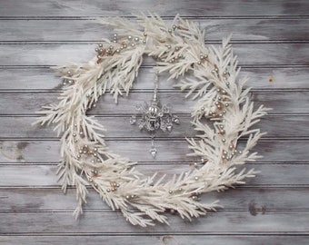 OOAK - Indoor, Wreath, White, Silver, Chandelier, Round, Sparkle, Winter, Unique Wreath, Handmade Wreath