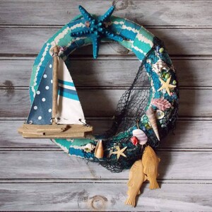 OOAK - Door, Wall, Indoor, Wreath, Summer, Nautical, Fish, Boat, Indigo