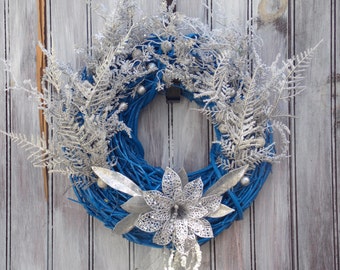 Wreath, Door, Silver, Blue, Glitter, Icicles, Grapevine, Fern, Branches, Winter