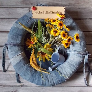 Country Wreath, Western Wreath, Door Wreath, Jeans Wreath, Daisies Wreath, Up-cycled Fabric