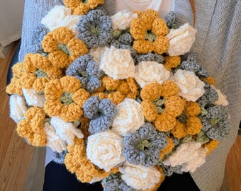 Golden Mist in Bloom Bouquet Blanket – Crochet Flower Bouquet – Mustard Blanket with Ivory Roses & Dusty Gray Hydrangeas