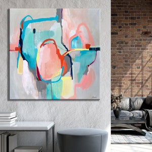 Extra large square original abstract art painting print on canvas, 40 x 40, calm neutral pastel colors blue grey pink, wall art for bedroom, image 3