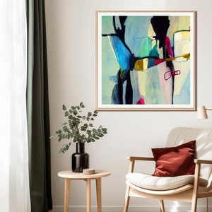 Extra large colorful abstract art painting in square ratio, Expressionist original painting print in bold bright colours, Statement piece.