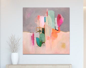 Large modern square original abstract painting in coral pink grey white, original abstract canvas wall art contemporary art giclee print