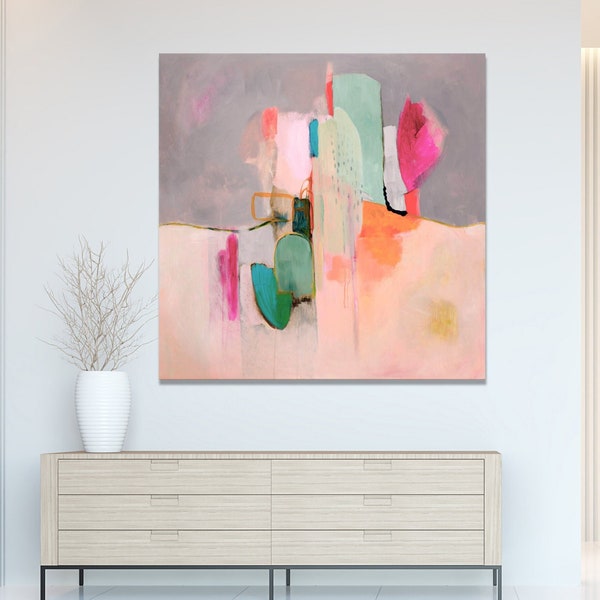 Large modern square original abstract painting in coral pink grey white, original abstract canvas wall art contemporary art giclee print