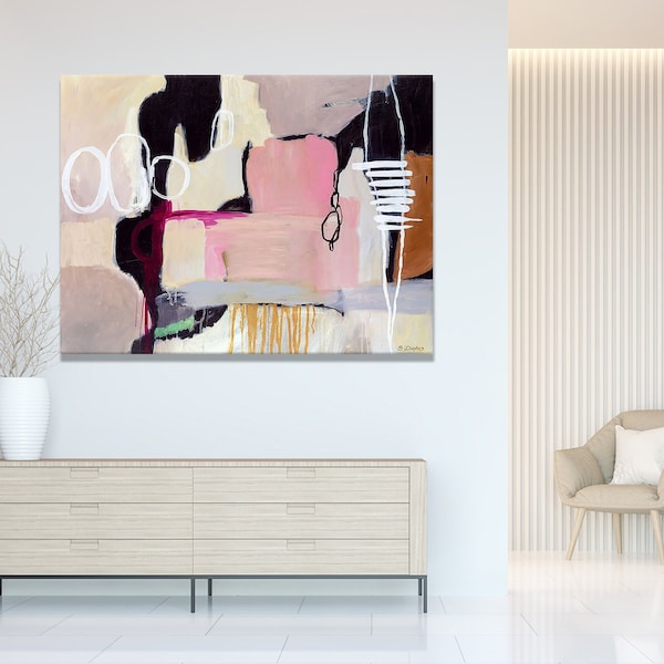 Large abstract painting print in pink black & gray, 30 x 40 fine art canvas wall art by artist, pastel modern art for above the bed or sofa