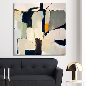 FRAMED and ready to hang large grey abstract painting print on canvas, oversize abstract wall art, neutral minimalist colours Title 'Lacuna'