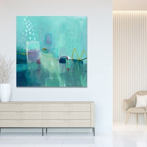 Large modern minimal blue green abstract painting on canvas, square contemporary wall art for living room, abstract canvas art minimalistic