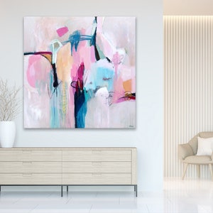Abstract painting large square in pink blue grey, wall art abstract art print on paper or canvas, Titled "Morning Light" by Sarina Diakos