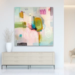 Abstract print pink large, abstract painting print, blush pink and blue abstract art print, pink blue green abstract canvas art large print