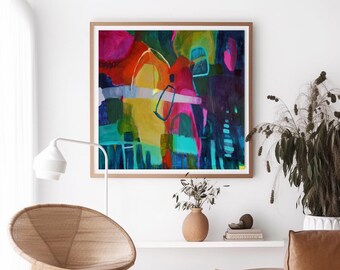 Large original emerald green abstract painting print in bright, colourful vivid colours, statement art for above the sofa minimal white wall