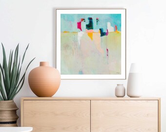 Small abstract modern wall art on paper. Minimalist art with soft, calm colours. Small square wall art, Square abstract art for living room