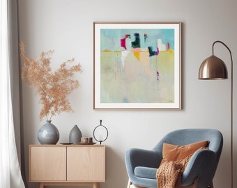 Large wall art print from original abstract painting, Artwork for living room, Modern abstract wall art, soft blue and yellow painting.