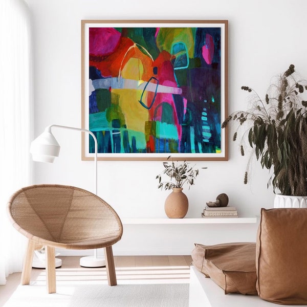 Large original emerald green abstract painting print in bright, colourful vivid colours, statement art for above the sofa minimal white wall