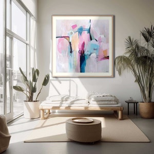 Large pink abstract wall art print of original painting, Modern abstract painting print square, Pastel blush pink modern art for bedroom