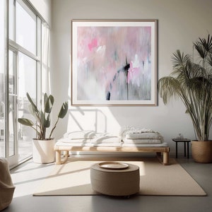 Large pink and gray abstract wall art print of original painting, Modern abstract painting print square, Pastel pink abstract art print