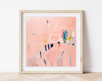 Small square modern contemporary pink art print on fine art paper, Modern minimalist abstract painting, wall art print, soft pastel peach