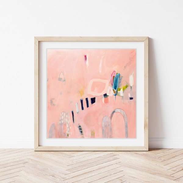 Small square modern contemporary pink art print on fine art paper, Modern minimalist abstract painting, wall art print, soft pastel peach