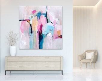 Abstract painting large square in pink blue grey, wall art abstract art print on paper or canvas, Titled "Morning Light" by Sarina Diakos