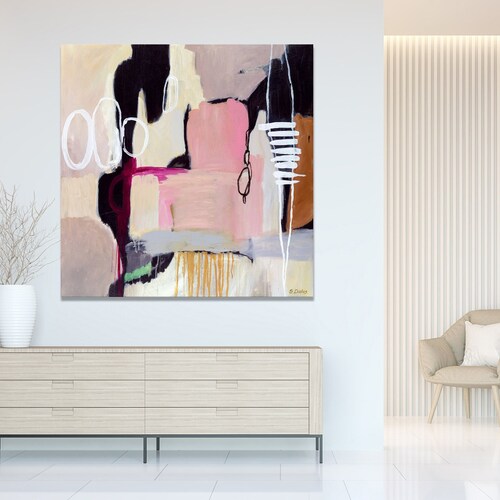 Abstract Painting Large Square in Pink Blue Grey Wall Art Etsy