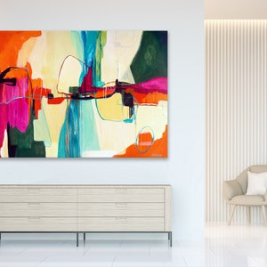 Colourful statement art abstract print and wall art, horizontal extra large artwork, bright abstract canvas art for living room,