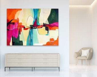 Colourful statement art abstract print and wall art, horizontal extra large artwork, bright abstract canvas art for living room,