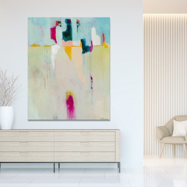 Large abstract blue wall art print from my original abstract painting in bright fresh modern colour palette and minimalistic simple design