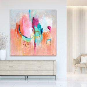 Abstract print large pink, abstract painting print, coral pink abstract art print, abstract art for bedroom, gray, abstract canvas art